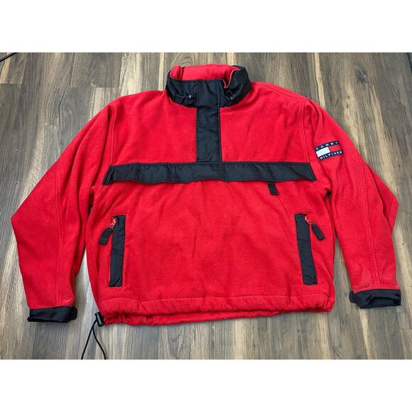 VTG 90s RETRO Tommy Hilfiger 1/2 zip anorak fleece hooded pullover sweater XL - Picture 1 of 6